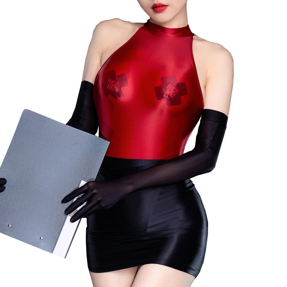 5264 Sexy Secretary Costume Red Sheer Mesh Teddy Lingerie Bodysuit Teacher